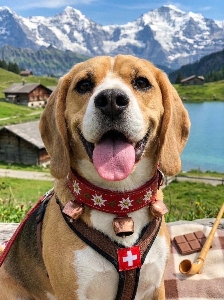 Dog in front of Swiss Alps and lake — travelling with pets