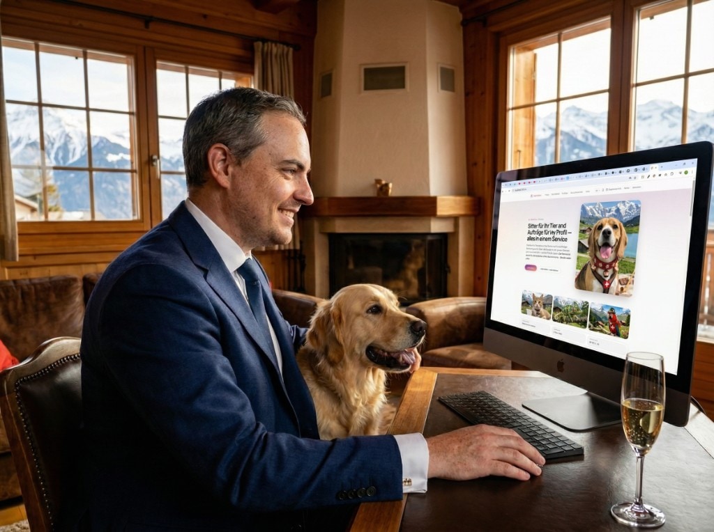 Professionally dressed man at an iMac browsing MyPetSitter in a Swiss chalet — golden retriever beside him, sparkling wine, stone fireplace and Alps through the window