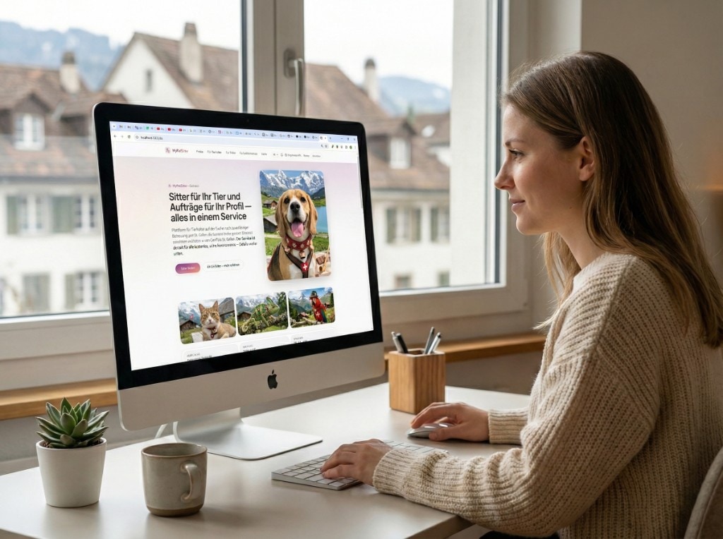 Woman at a white desk with an iMac showing MyPetSitter — succulent, mug, pen cup, gabled roofs and snow-capped mountains through the window