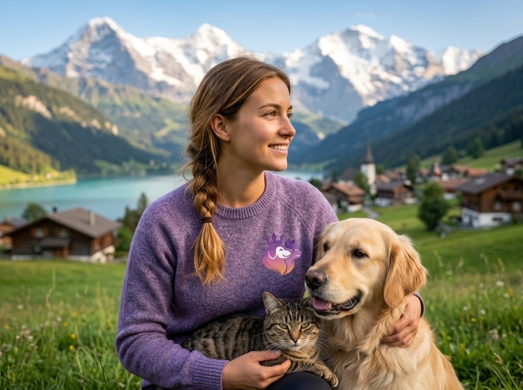 Smiling sitter hugging a golden retriever and holding a tabby cat on a meadow — turquoise alpine lake and snowy peaks in background