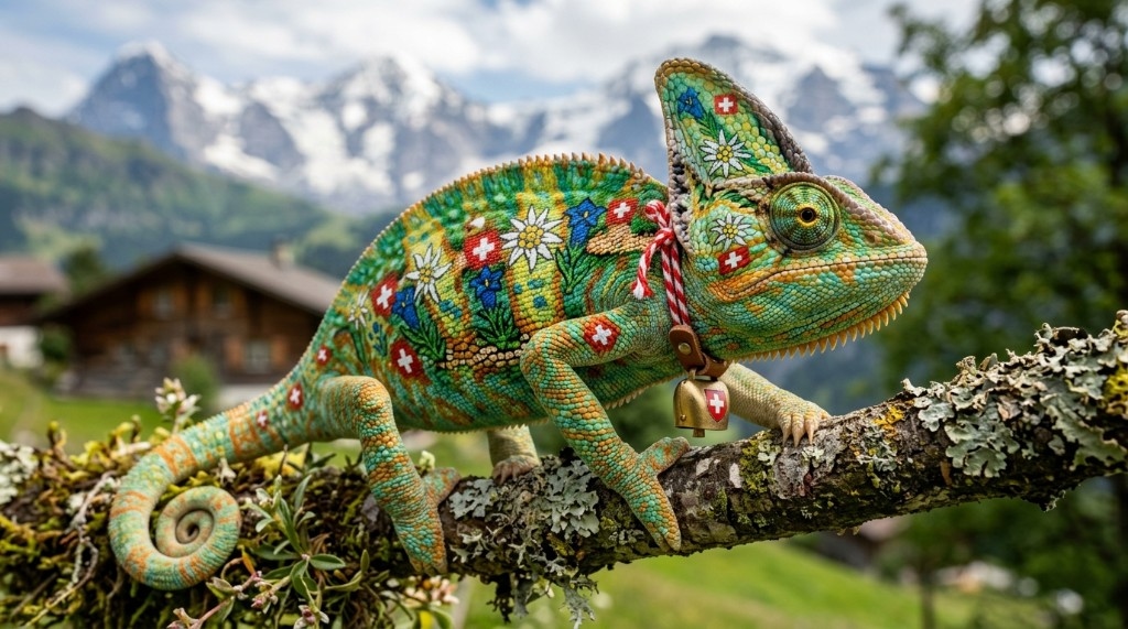 Chameleon on a branch with Swiss motifs, chalet and snowy Alps in background
