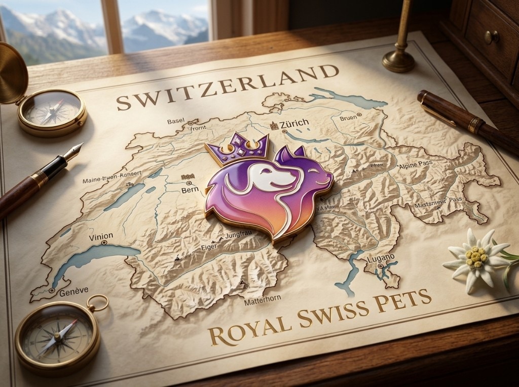 Stylised map of Switzerland on a wooden table with cities, dog-and-cat emblem, compasses and edelweiss, Alps in background