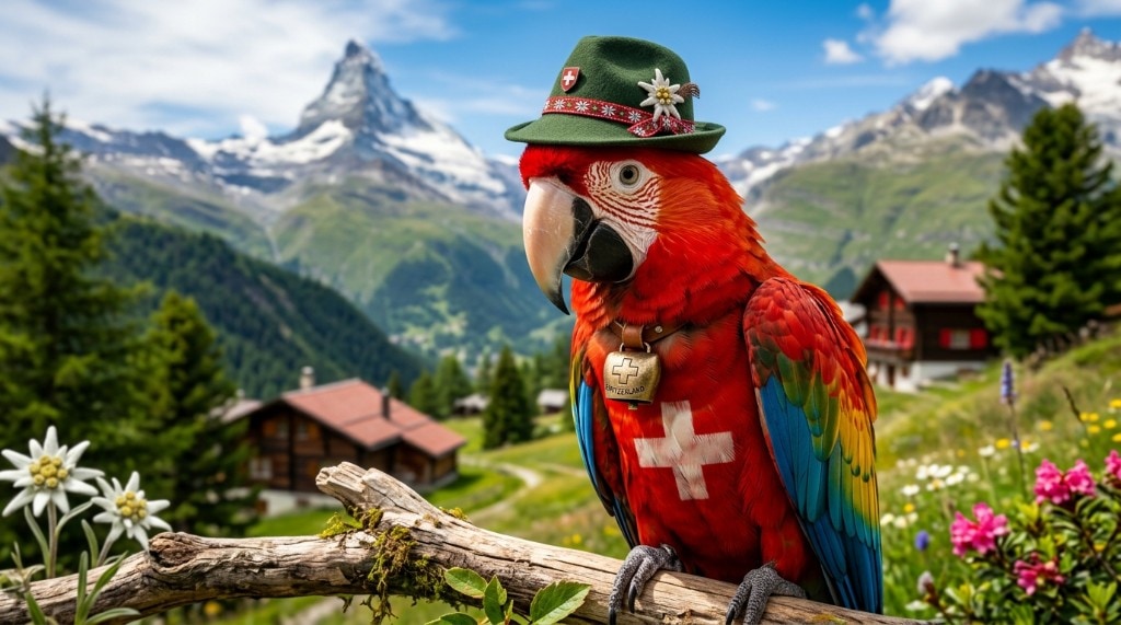 Parrot in a Swiss hat in front of the Alps