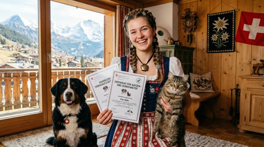 Sitter in Swiss outfit with animal welfare diploma and certificates, Bernese Mountain Dog and tabby cat in chalet, Alps outside window
