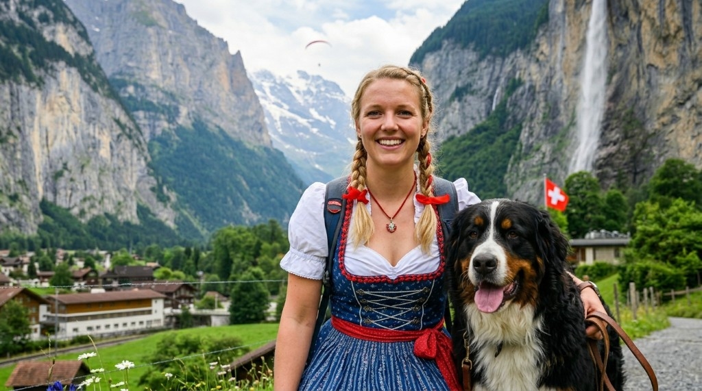 Girl in traditional costume with a Bernese Mountain Dog in the Lauterbrunnen valley — waterfall, cliffs and Swiss flag