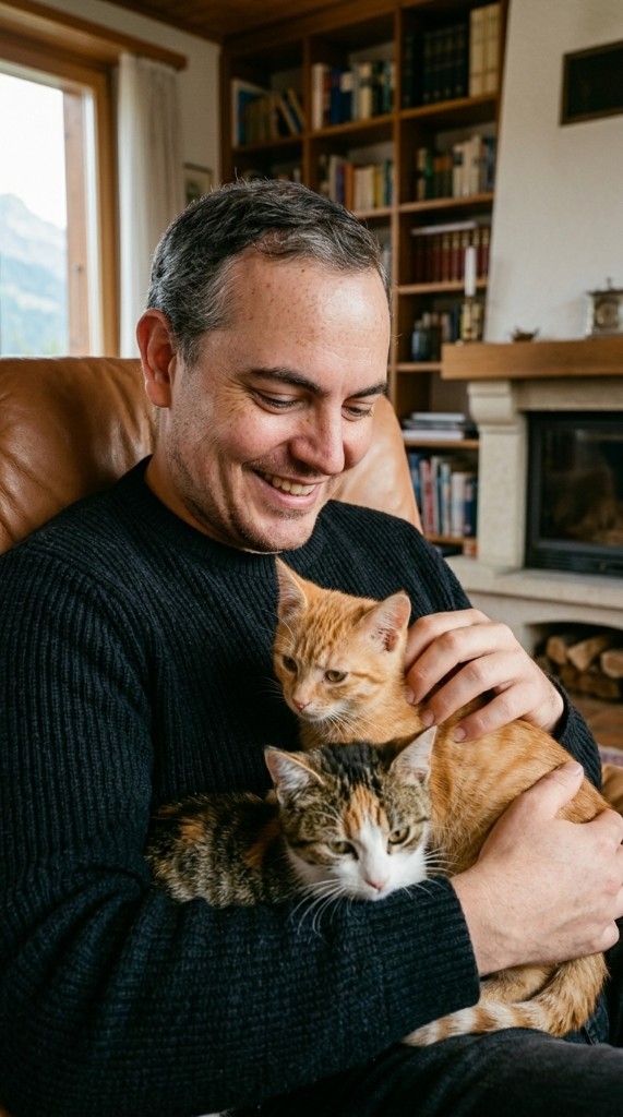 Man hugging cats in a cosy Swiss chalet