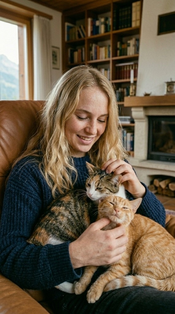 Sitter in armchair with cats on lap