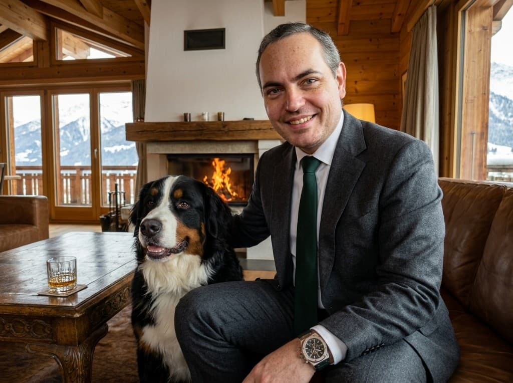 Smiling man in a suit stroking a Bernese Mountain Dog on a leather sofa in a wooden chalet — fireplace, snowy Alps outside window