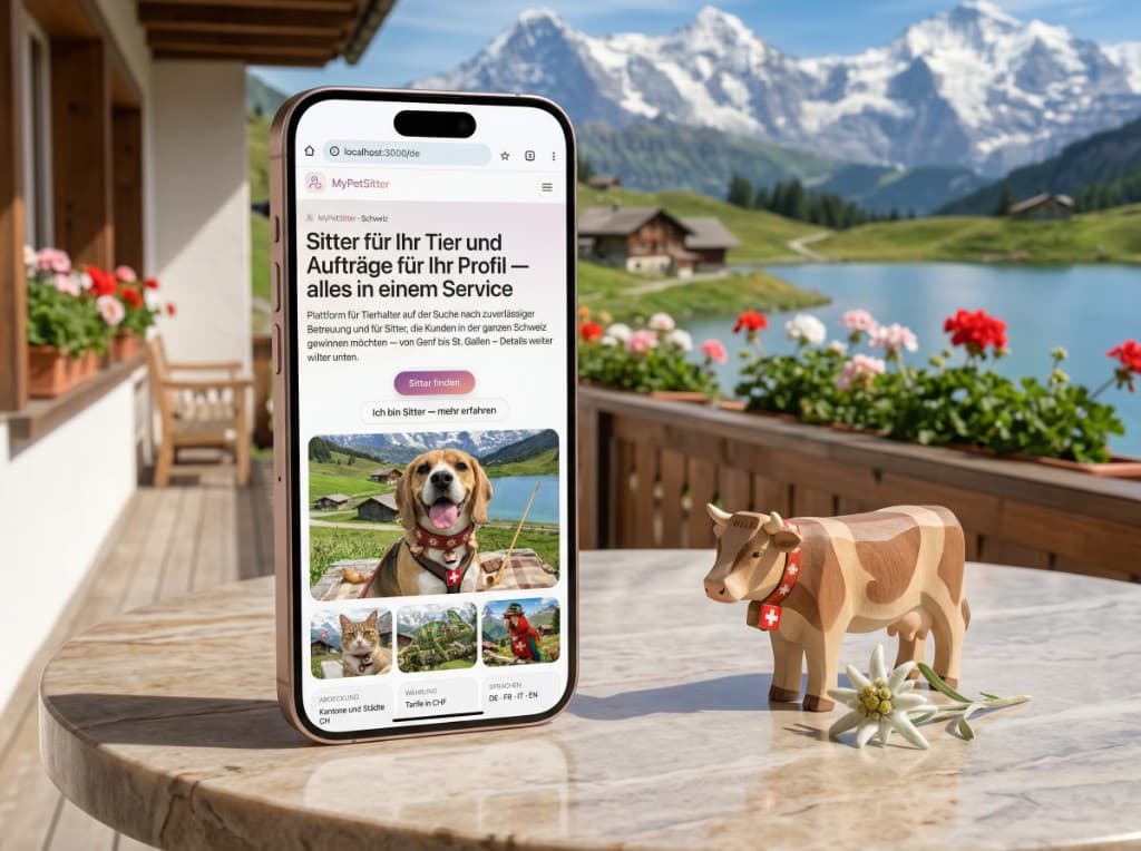 Smartphone on a marble table on a Swiss alpine balcony — MyPetSitter website in the browser, wooden toy cow and edelweiss