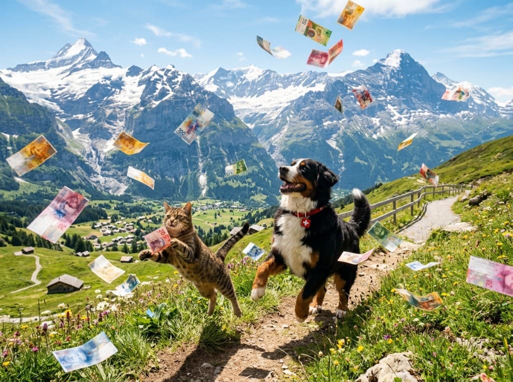 Bernese Mountain Dog and tabby cat jumping on a mountain trail among flying Swiss franc banknotes — green slopes and snowy Alps